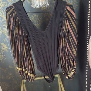 Free People Black and Brown Ribbed Puff Sleeve Bodysuit